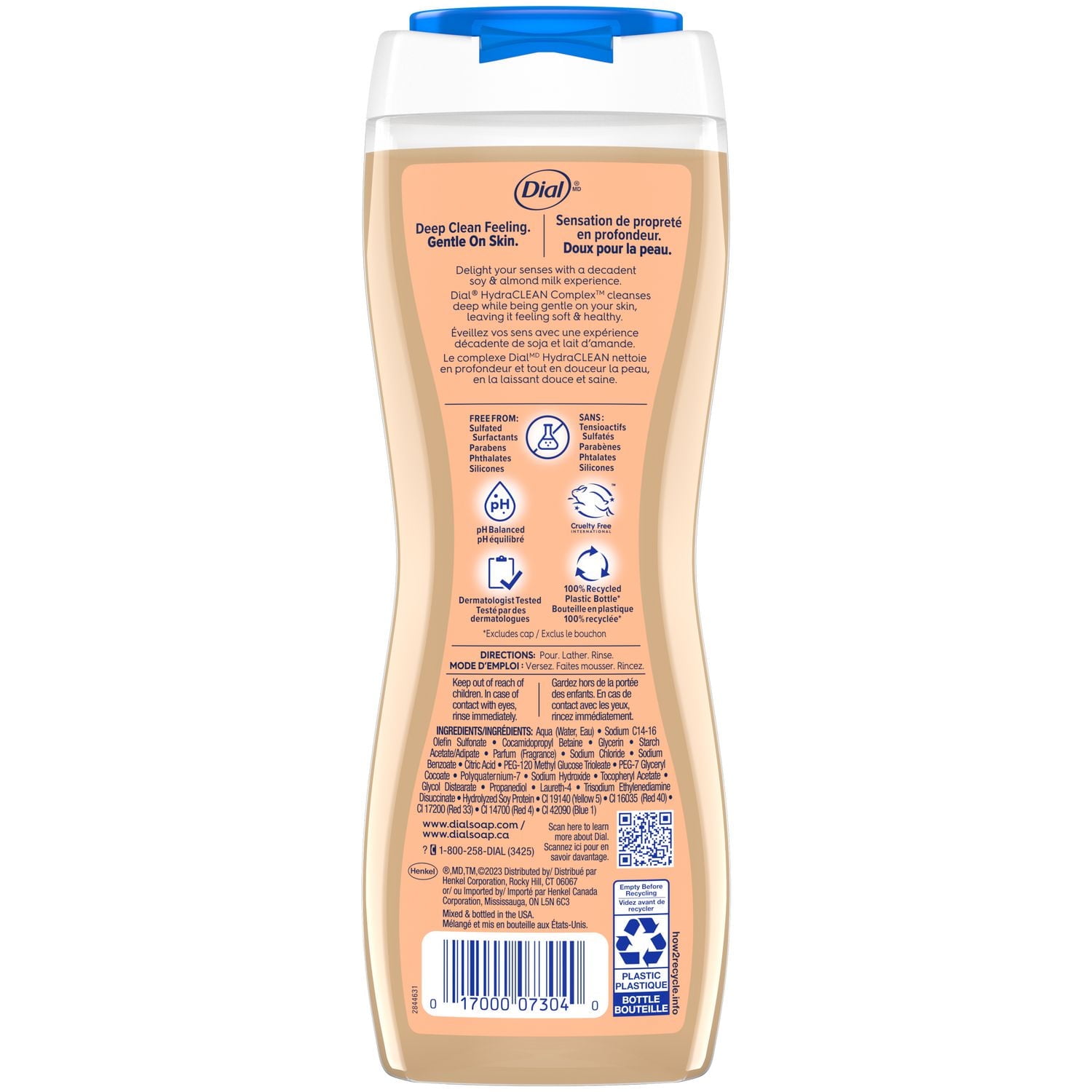 Nettoyant hydrant pour le corps à soja et lait d'amande Dial, 473 ml, testé par des dermatologues, sans silicones, parabènes, phtalates ni SLS, emballage de 1 1 bouteille, 473 ml