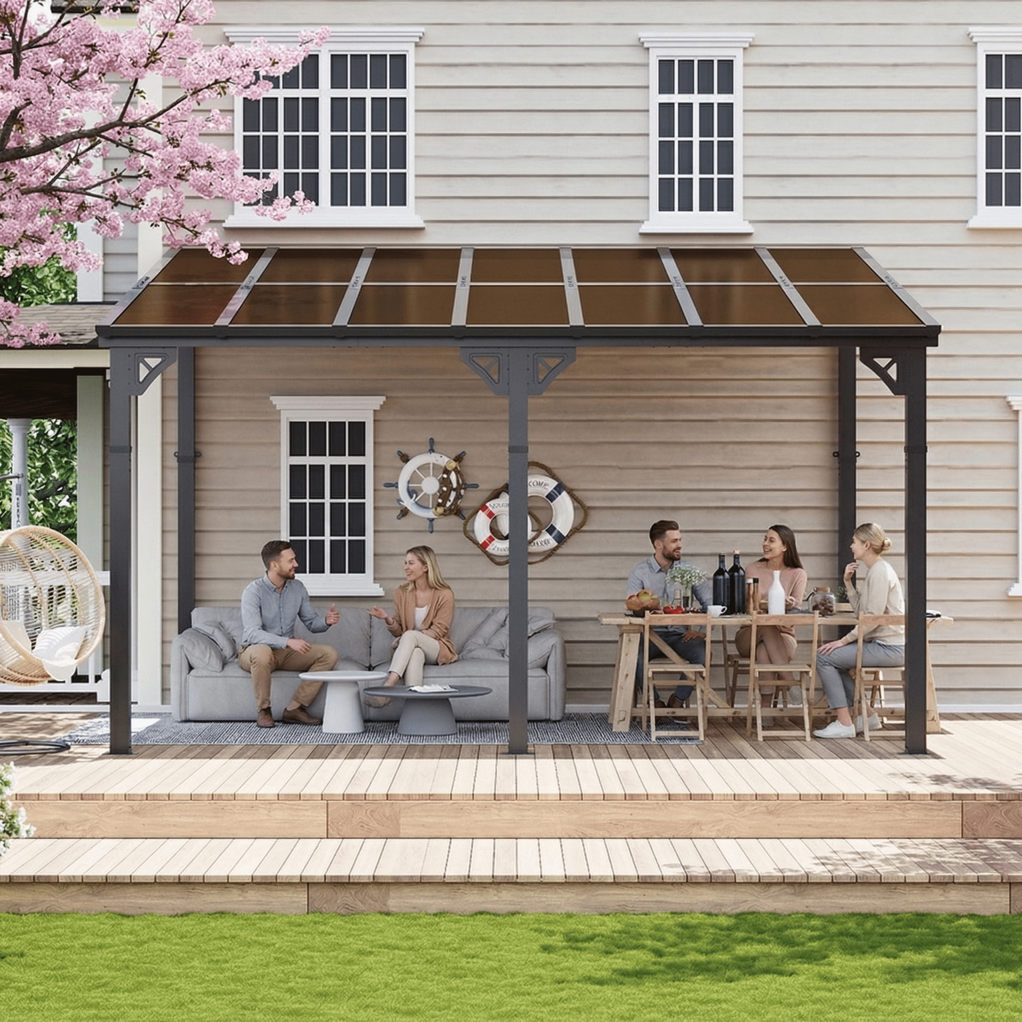 BREEZESTIVAL 14x10 Hard Top Gazebo Pergola- Wall Mounted Lean-to Aluminum Alloy Awning with Canopy Roof, All-Weather Outdoor Cover for Patio, Backyard, Deck
