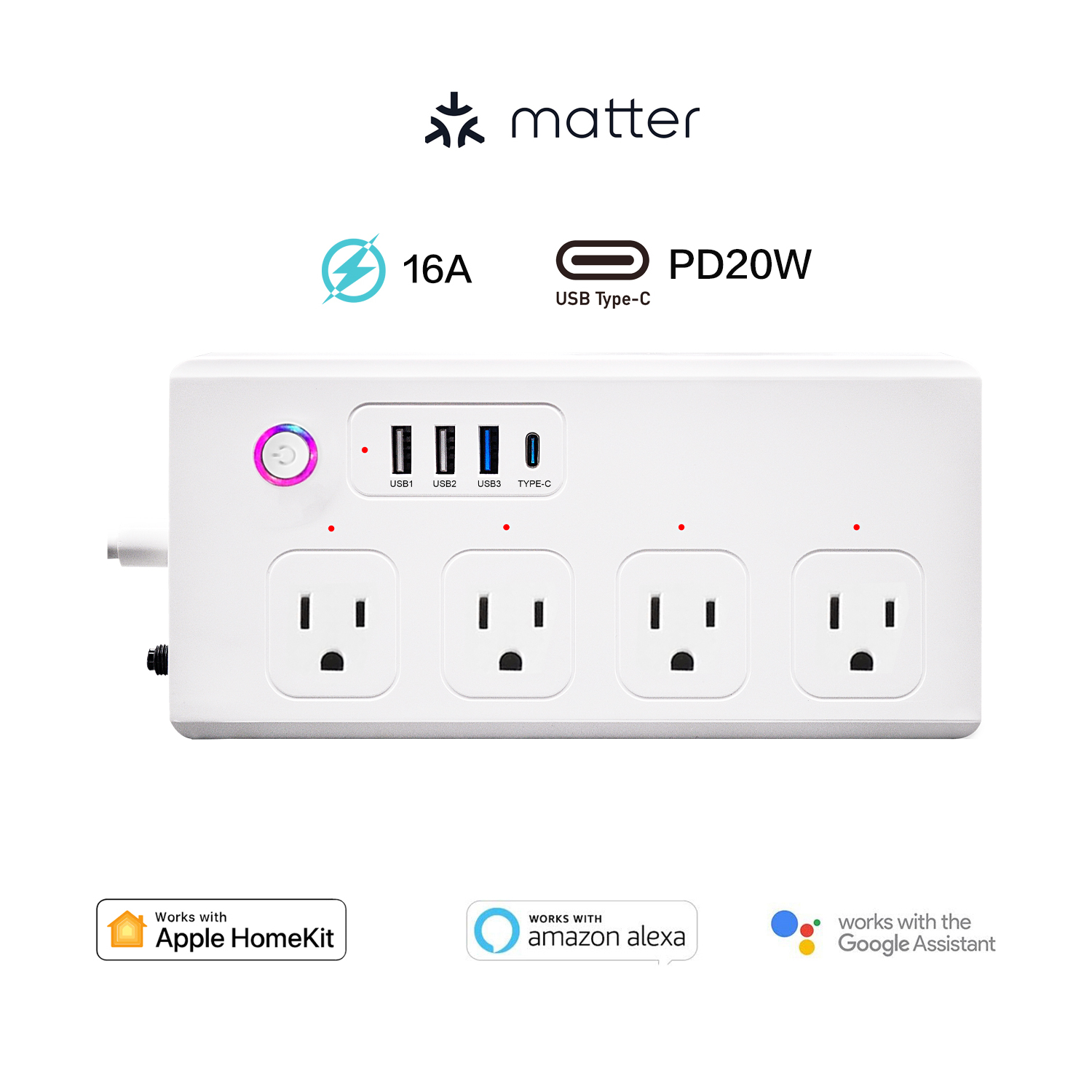 Matter 16A Smart Power Strip WiFi Plug Multiple Outlet Surge Protector 4 AC Outlets,3 USB Port,1 Type-C Port, Compatible Work with Apple Homekit,Amazon Alexa, Google Home,Only supports 2.4GHz WiFi