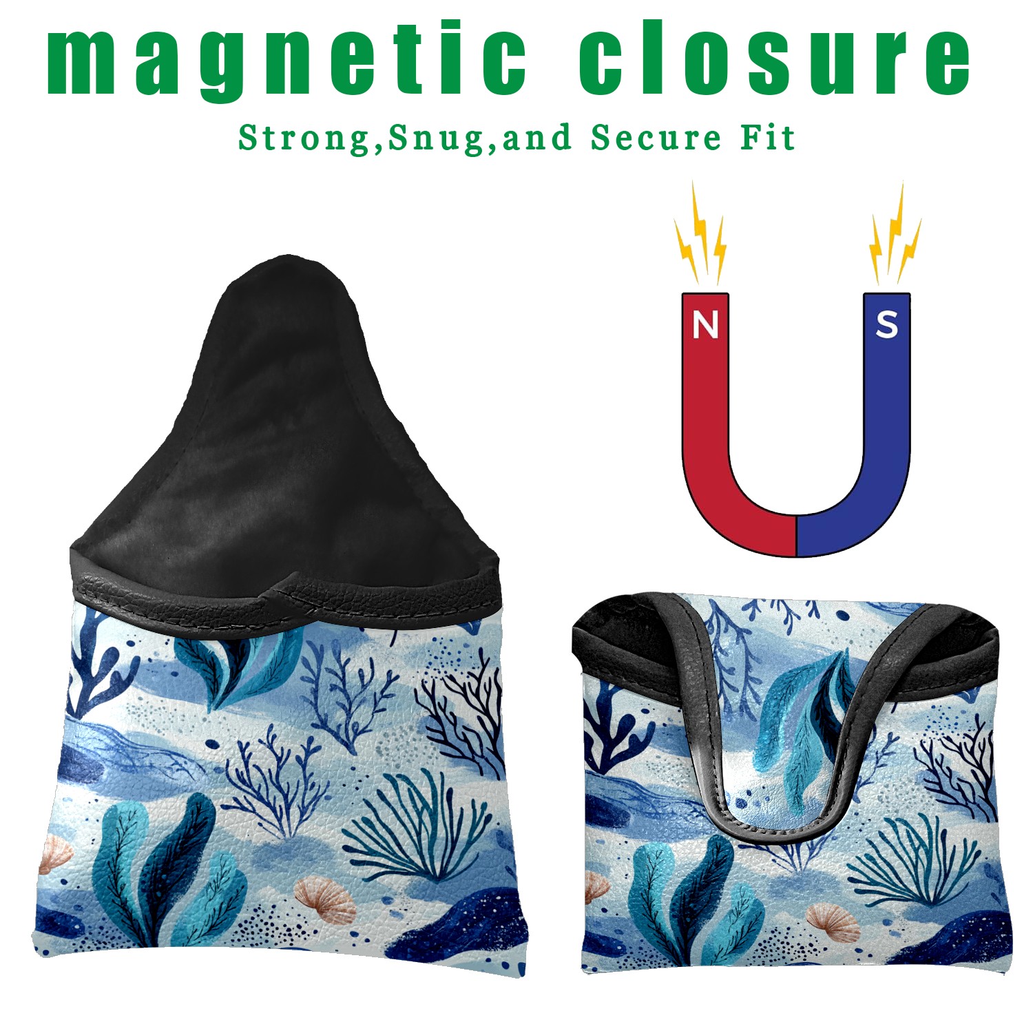 Golf Mallet Putter Cover Premium Leather Waterproof Golf Putter Head Cover with Magnetic Closure Marine Plants