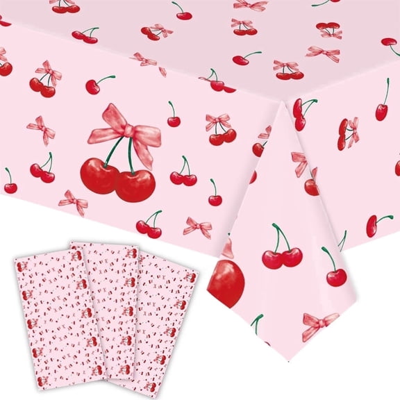 Wowhub 3 Pack Cherry Theme Tablecloth, 54 x 108 Inch Disposable Plastic Table Covers with Red Cherries and Pink Bows for Birthday Party Decorations