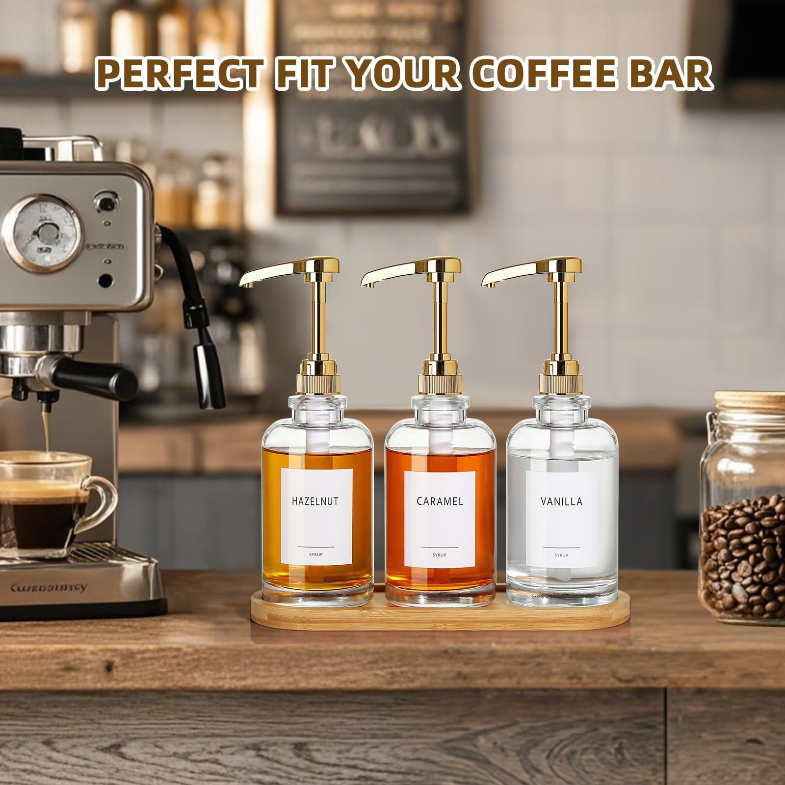 Condiment Dispensers Gold Set of 3, Glass Pump with Tray for Coffee Syrup