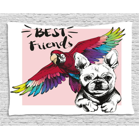 Modern Tapestry, French Bulldog and Tropical Parrot Figure with Best Friends Phrase Portrait Design, Wall Hanging for Bedroom Living Room Dorm Decor, 60W X 40L Inches, Multicolor, by