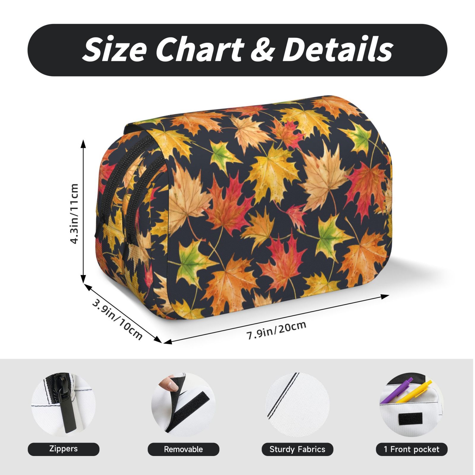 Rateoe Colorful Maple Leaves Pattern Double Clamshell Pen Case, Storage Organizer with Two Zipper Compartments– Holds Up to 50 Pencils & Pens