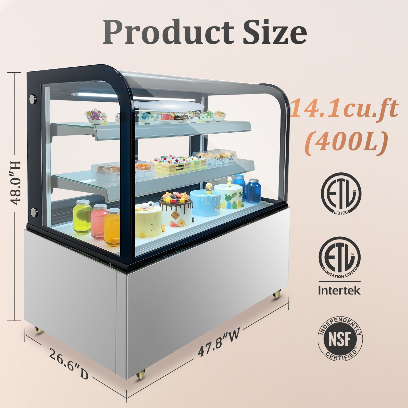 NSF Certified 48" Refrigerated Bakery Display Case – 14 Cu. Ft. Commercial Glass Showcase