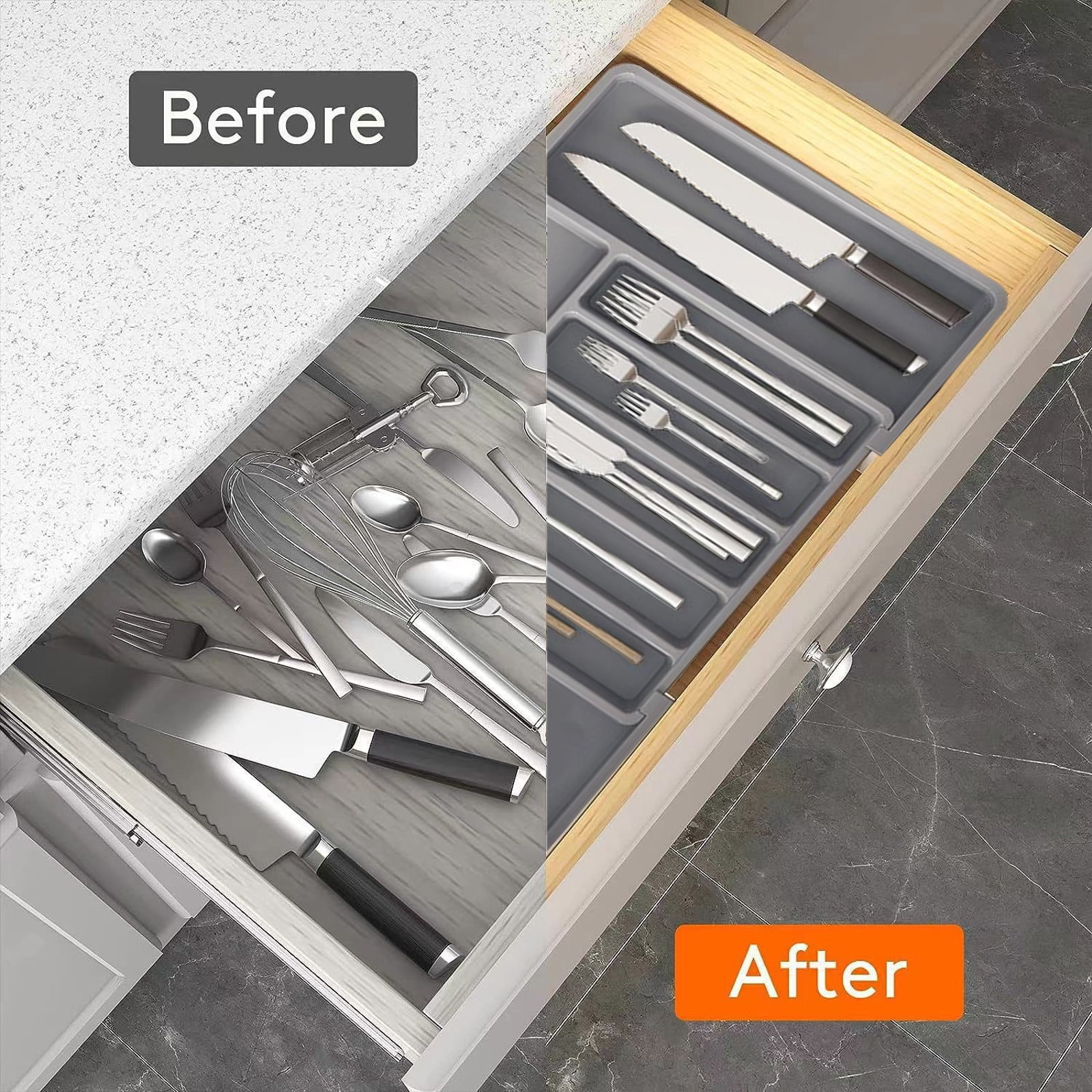 MERILER Expandable Silverware Drawer Organizer - Large Capacity, Adjustable Utensil Storage for Forks, Knives, and More - Multipurpose Kitchen Organizer