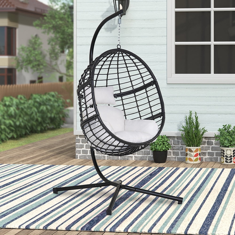 Abble Wicker Egg Hanging Chair with Cushion and Stand, Black