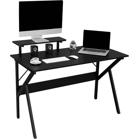 47-Inch Computer Desk with Monitor Stand – Home Office & Gaming Desk, Metal Frame Study Desk – Black