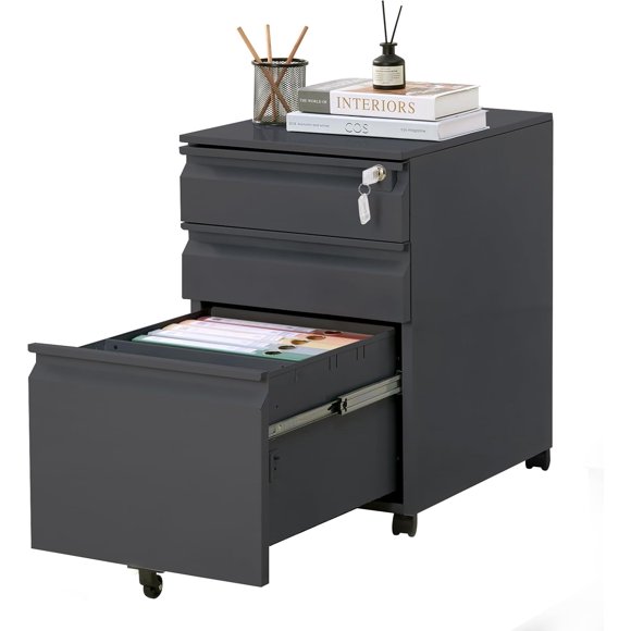 EDTara Fully Assembled 3-Drawer Metal Filing Cabinet, Mobile Home Office Organizer With Casters, Lock, and Support for Letter/a4/Legal Sizes