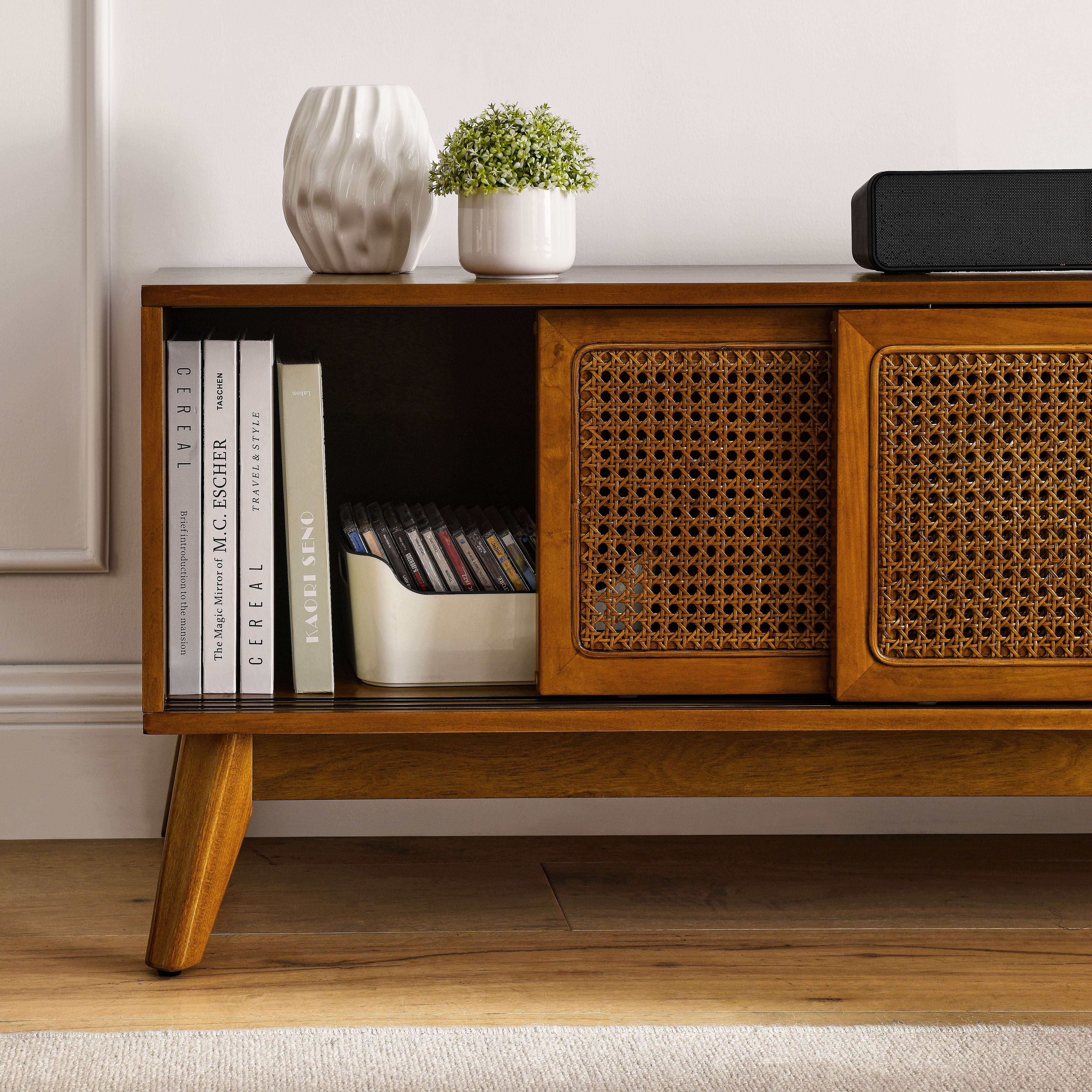 59 Inch Mid Century Modern Rattan TV Stand for 65 Inch TV, Entertainment Cabinet, Media Console, Brown Ebony