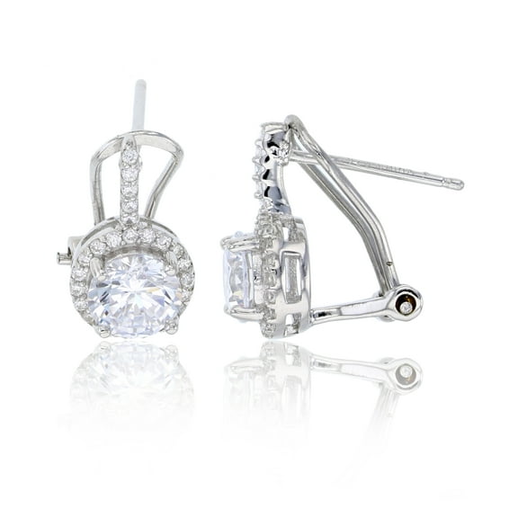 Decadence Sterling Silver Rhodium 6mm Round Cut Cubic Zirconia Halo Omega Back Earring