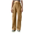 thumbnail image 1 of Pantalons Parachute pour Femmes, Taille Basse avec Cordon, Pantalons Cargo Amples avec Poches, Lin, Marron TG, 1 of 3
