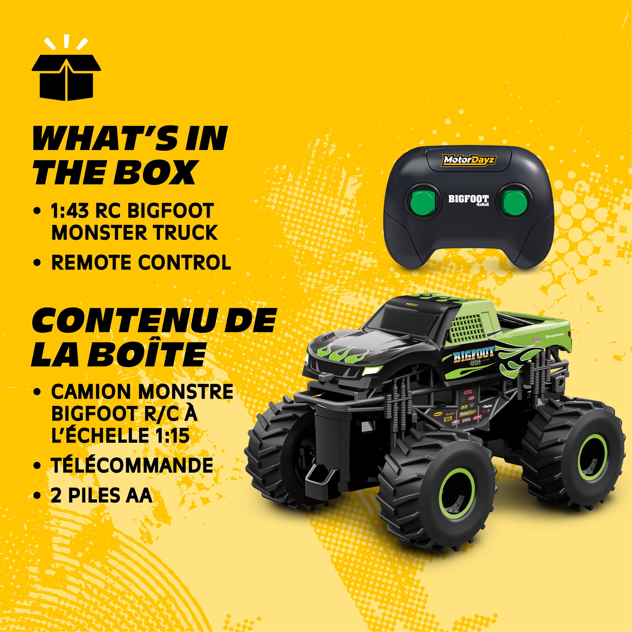 Motor Dayz 1:43 Scale RC Bigfoot Green Flames Monster Truck with LED Lights, 2.4GHz Wireless, Ages 4+, MD 1:43BIGGOOT TRUCK