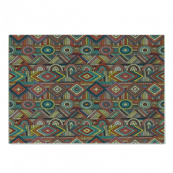 Aztec Cutting Board, Vibrant Folk Style Cultural Geometric Stitch Hand Drawn Vintage Pattern Retro Print, Decorative Tempered Glass Cutting and Serving Board, Small Size, Multicolor, by Ambesonne