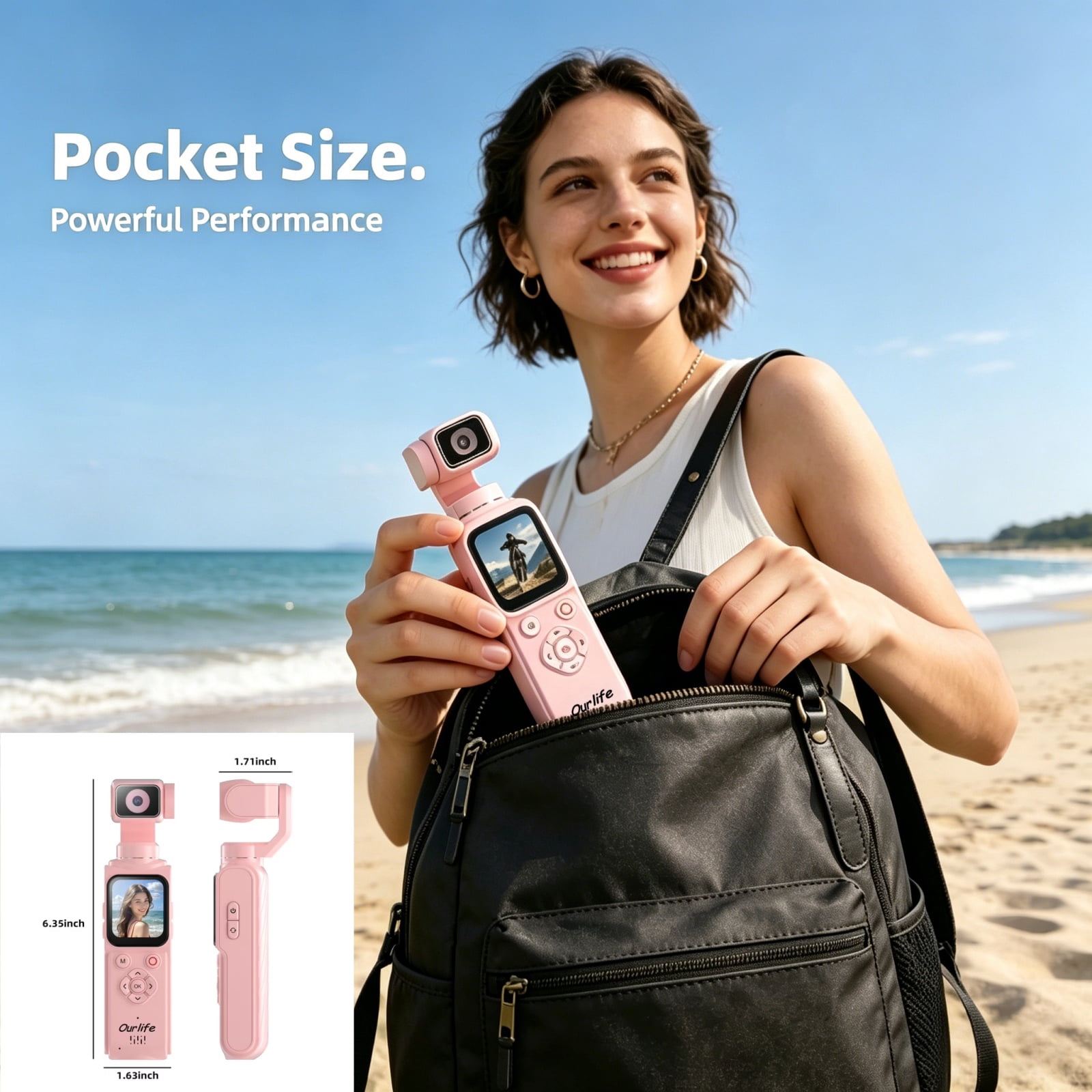 Ourlife Handheld Gimbal WIFI Camera 4K - 64MP Autofocus, 18x Zoom, Touchscreen, Face Tracking, Action Cam Travel Pocket Vlogging Camera with 64GB Card, Pink