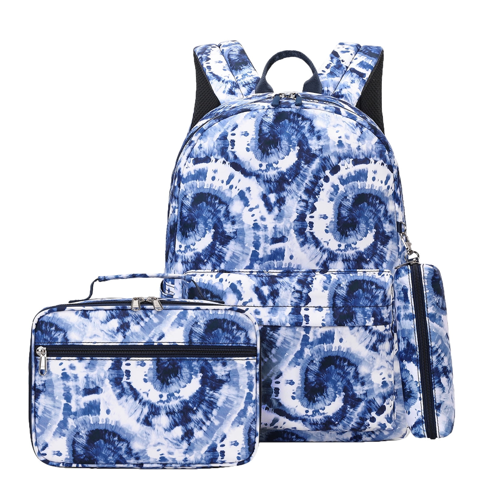 Forestfish Tie Dye Teen Backpacks , 3-Piece Set with Lunch Bag and Pen Bag, Water-Resistant Blue
