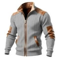 thumbnail image 2 of gbyLJF Men's Zipper Jackets Long Sleeve Leather Patchwork Tops Coats Fleece Stand Up Collar Color Blocked Jacket with Pockets, 2 of 5