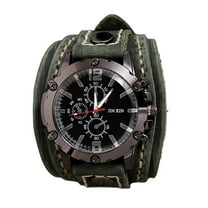 Punk Vintage Wrist Watch, Wide PU Leather Belt Strap Cuff Roman Numerals Wristwatch, Watches for Men Women , Green