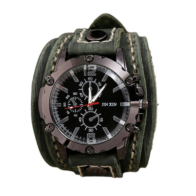 Reloj de Pulsera Estilo Retro, Correa Ancha de Cuero Sintético, Brazalete con Esfera Redonda Y Números Romanos, Pulsera de . , verde 278 cm