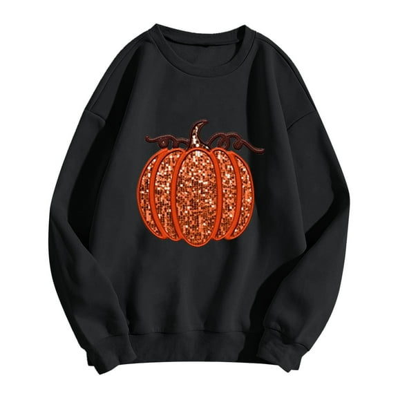 Women Halloween Pumpkin Sequin Sweatshirt Cute Fall Graphic Long Sleeve Crew Neck Tops Casual Vintage Relaxed Fit Blouses