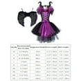 thumbnail image 3 of IDOPIP Girls Magnificent Witch Halloween Costume Black Gown with Horns Headpiece Feather Wings Outfits Set for Toddler Kids Baby Girl Fancy Dress up Cosplay 11-12 Years Black Purple Short, 3 of 8