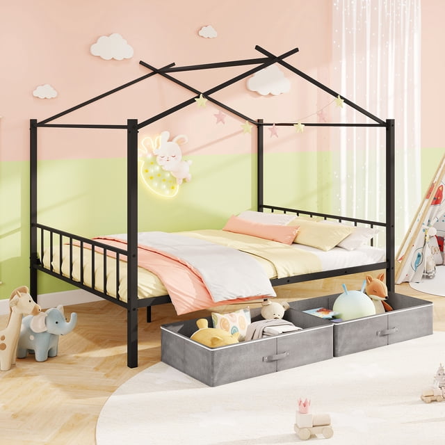 Gymax Full Size Metal House Bed w/ 2 Fabric Drawers Heavy-Duty Platform Bed Black