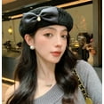 thumbnail image 4 of Women Beret Hat Trendy Bow Pearl Woven Beret Summer Hollow Out Hat Slouchy Crochet French Artist Cap Floral Beanie Hat, 4 of 4