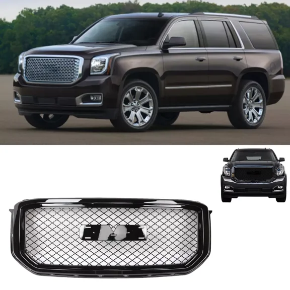 For 15-18 GMC Yukon XL Mesh Front Bumper Hood Upper Grille Gloss Black
