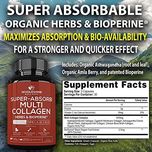 Multi Collagen Pills (Type I II III V X)and Bioperine -  Hair, Skin, Nails, Joints - Collagen Peptides Protein Supplement for Women Men
