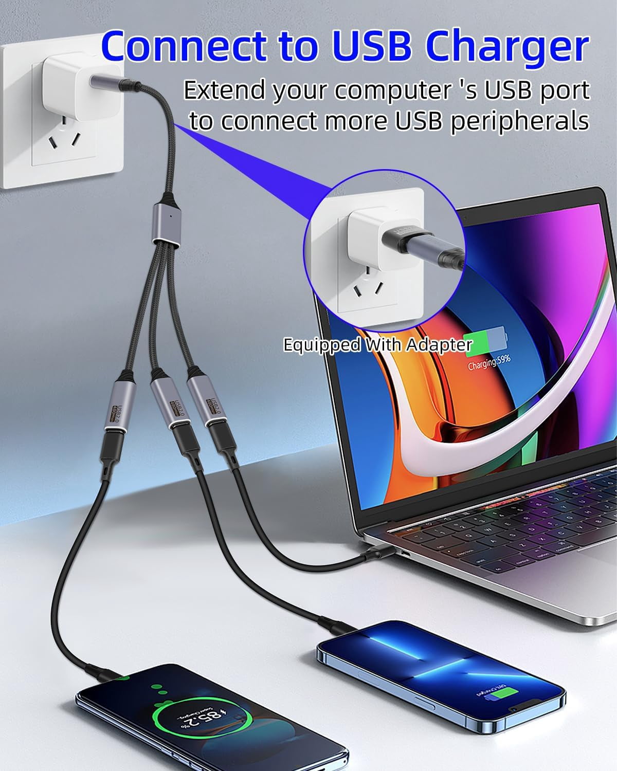 HRTGFD-USB C Splitter 1 in 3 Out,USB Type C Splitter,Type C Male to 3 Type C Female Extension Cord,USB C Power Cabler Extender Hub Support USB 2.0 for Charging and Data Transfer (26CM)