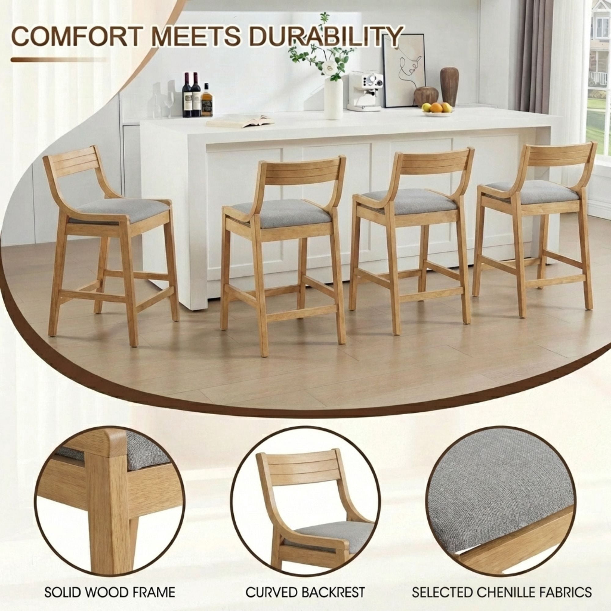 Dayalane Modern Farmhouse Bar Stools Set of 4, 26”Counter Height Bar Stools with Slatted Back, Chenille Upholstered & Solid Wood Legs Barstools for Kitchen Island Dining Rooms and Home Bars, Gray