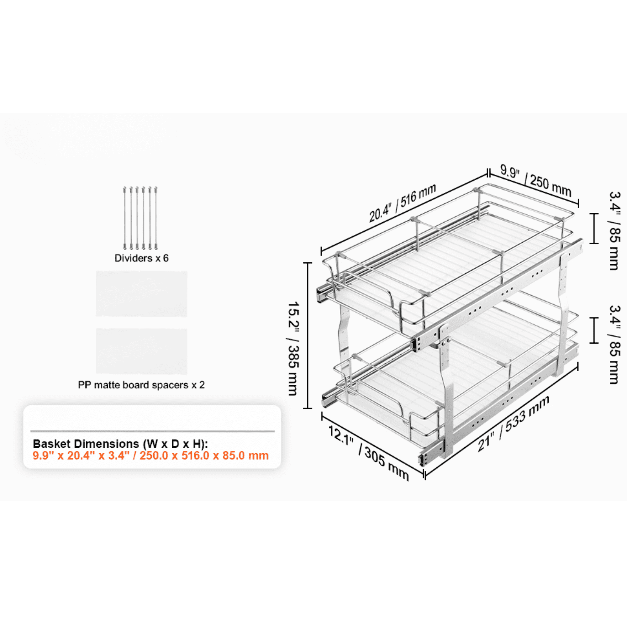 2 Tier Pull Out Cabinet Organizer, 12” W x 21” D Heavy Duty Sliding Pantry Shelves with Dividers, Steel Roll-Out Drawer for Kitchen Cabinet & Under Sink Storage