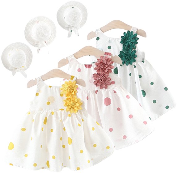 KYAIGUO Toddler Girls Summer Sleeveless Dress for Infant Cotton Straps Princess Dress Baby Girls Printed Beach Dress Sundress 0-4T(send Hat )