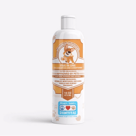 Pawtitas Dog Shampoo And Conditioner With Certified Organic Ingredients and Oatmeal For Clean, Detangle, Moisturizer, Shines, Deodorizing Your Puppy Vanilla and Almond 16 OZ Shampoo 5 in