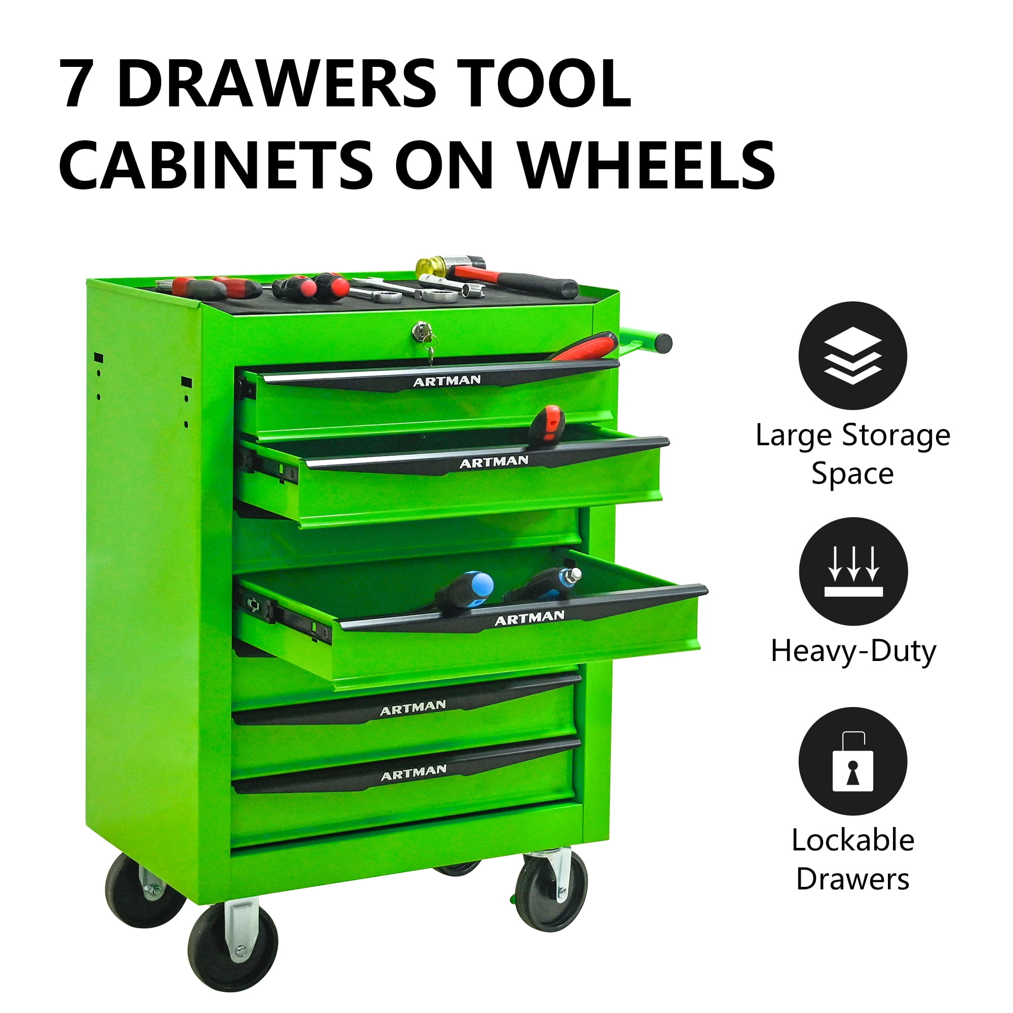 Seizeen Rolling Tool Box, Tool Storage Cabinet with 7 Drawers, Lockable Tool Box Organizer On Wheels Large Capacity for Garage Workshop Warehouse, Green