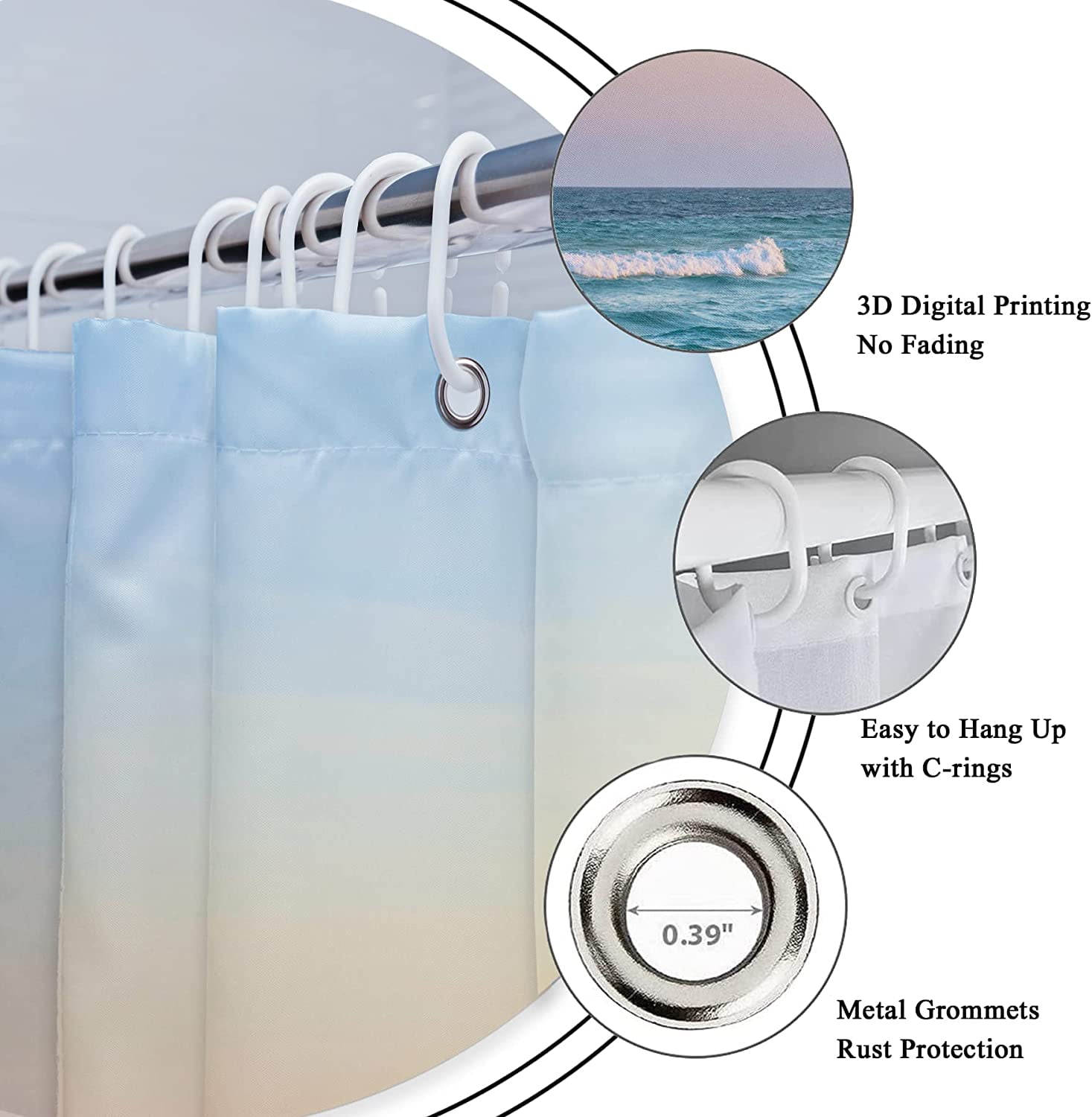 Beach Sea Shower Curtain for Bathroom Decor 72Wx72H Ocean Waves Blue Pink Tropical Coastal Seaside Scene Island Hawaiian Art Printed Fabric Polyester Waterproof 12 Pack Plastic Hooks