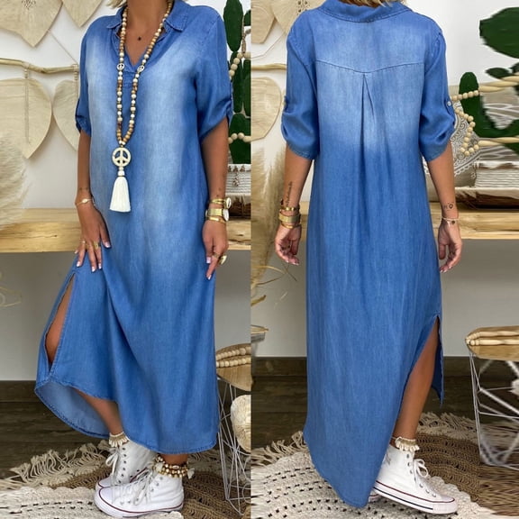 ZHOGXU Women's Denim Dress Short Sleeve V Neck Side Split Fashion Comfortable Loose Fit Dresses For Casual Daily Wear,Blue,L