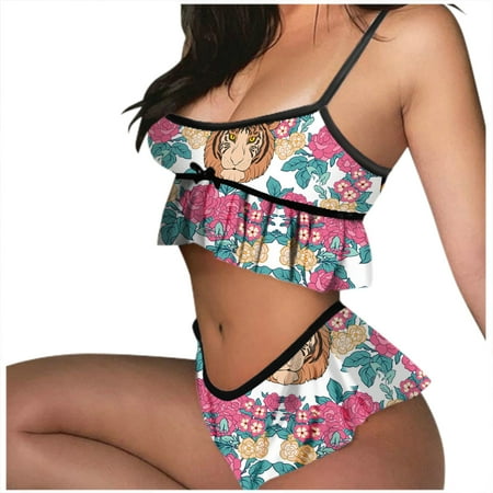 

LONKITO Bikini Sets for Women Print Sleeveless Ruffles Bowknot Design Cami Shorts Lingerie Sleepwear Set Multicolor XL