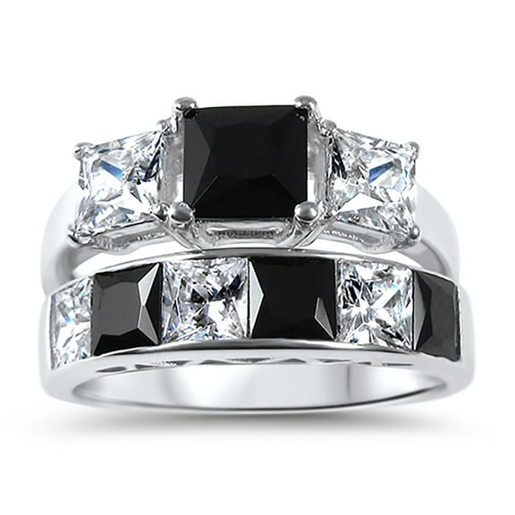 Sterling Silver Black CZ Bridal Wedding Engagement Ring Set for Women (5)
