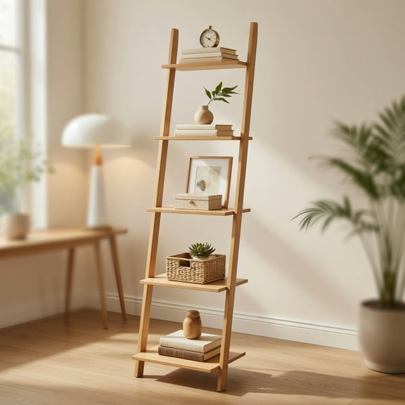 Spaco 5-Tier Modern Bamboo Wall-Leaning Display Ladder Bookshelf, Tall Bookshelf, Shelves for Living Room, Home Office, Bedroom, Balcony