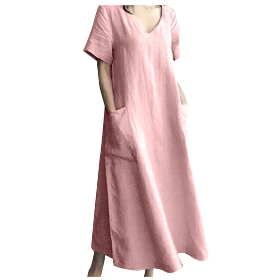 Odeerbi Cotton Linen Dress for Women Spring Summer Casual Solid Color V-Neck Short Sleeve Dress with Pocket Pink