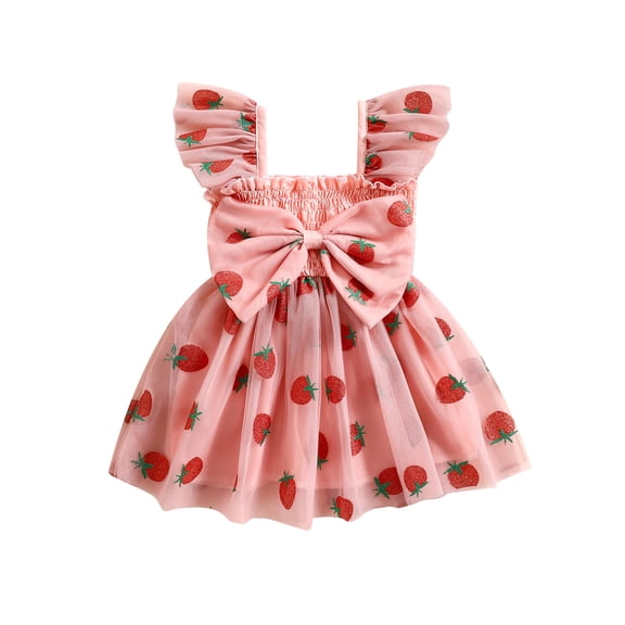 BemeyourBBs Toddler Baby Girl Summer Strawberry Dress Fruit Outfit Ruffle Sleeve Square Neck Front Bow Smocked Tulle Tutu Dress Birthday Party Princess Dresses