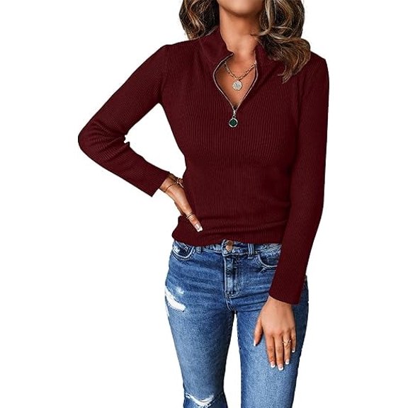 PRETTYGARDEN Fall Quarter Zip Pullover Sweaters for Women Long Sleeve Collared Fitted Ribbed Knit Tops