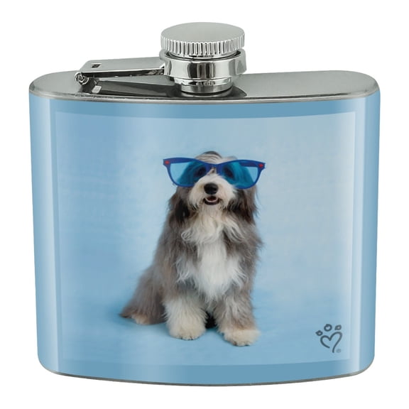 Sheepdog Bearded Collie Dog Giant Blue Sunglasses Stainless Steel 5oz Hip Drink Kidney Flask