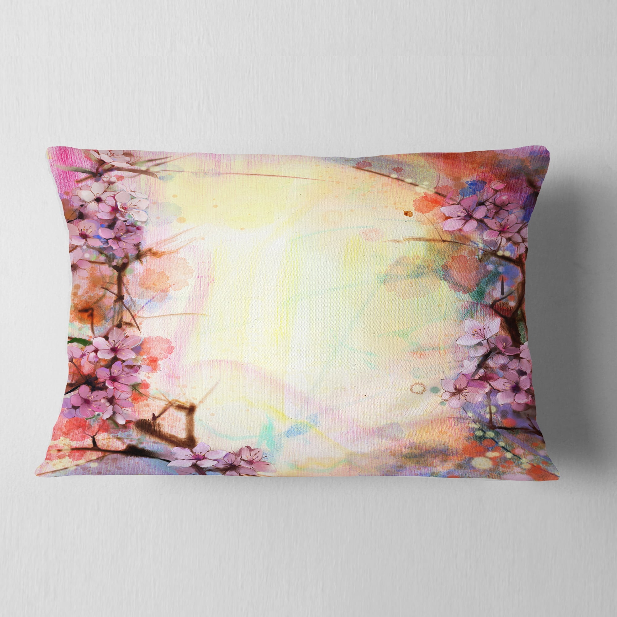 Designart Pink Sakura on Blurred Background - Floral Throw Pillow - 12x20