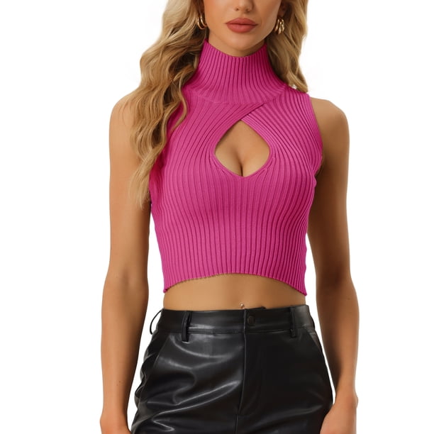 Suéter Corto sin Mangas con Cuello Mock para Mujer Rosa caliente S