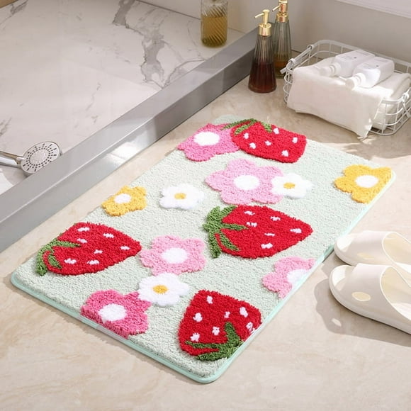Whimsical Green Strawberry Cartoon Floor Mat: 50x120cm Non-Slip Water-Absorbent Rug for Bathroom, Bedroom, Entryway – Adorable Decorative with Soft Comfort & Easy Cleaning, Perfect for Spaces
