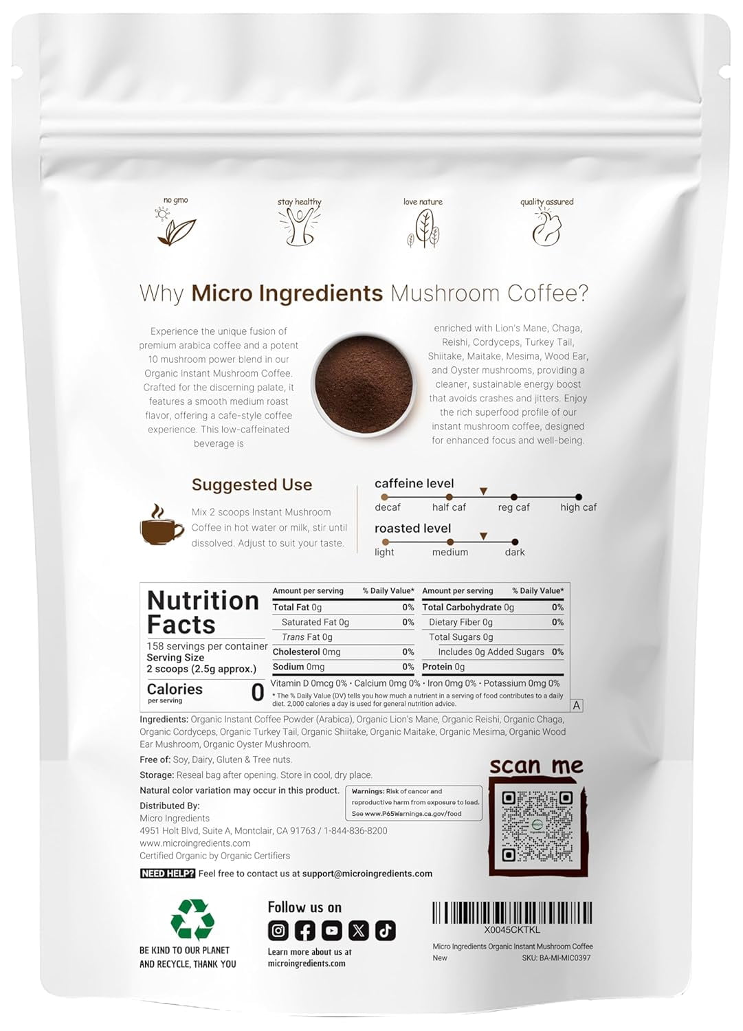 Micro Ingredients Organic Instant 10-in-1 Mushroom Coffee Powder, 14 Ounces (158 Servings) | Premium Arabica Coffee with Lions Mane, Chaga & More