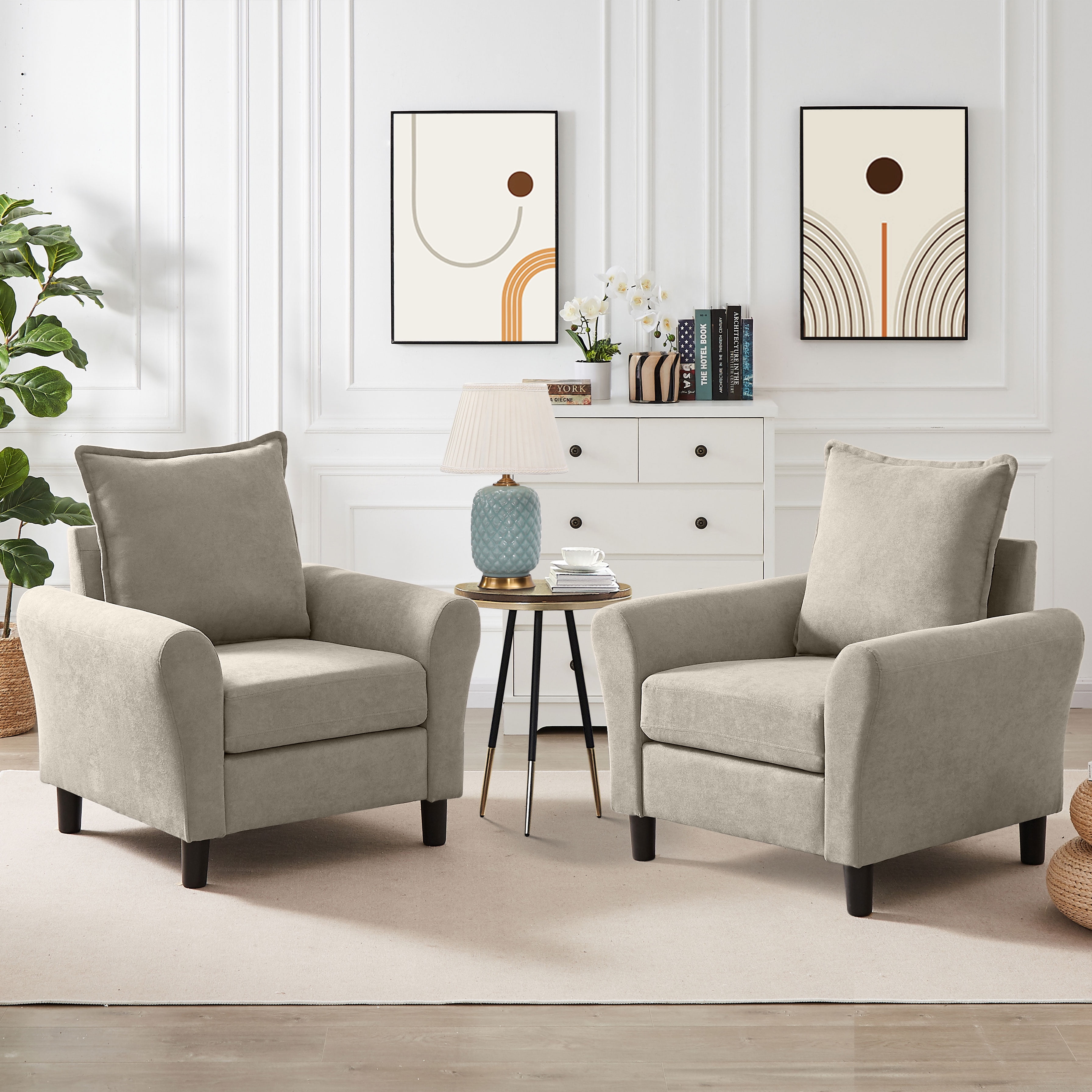 Pingliang Home Linen Fabric Accent Chairs, Mid Century Modern Armchair, Upholstered Comfy Single Sofa 1 Seat Sofa for Living Room, Apartment, Bedroom,Small Space Studio Office,Beige