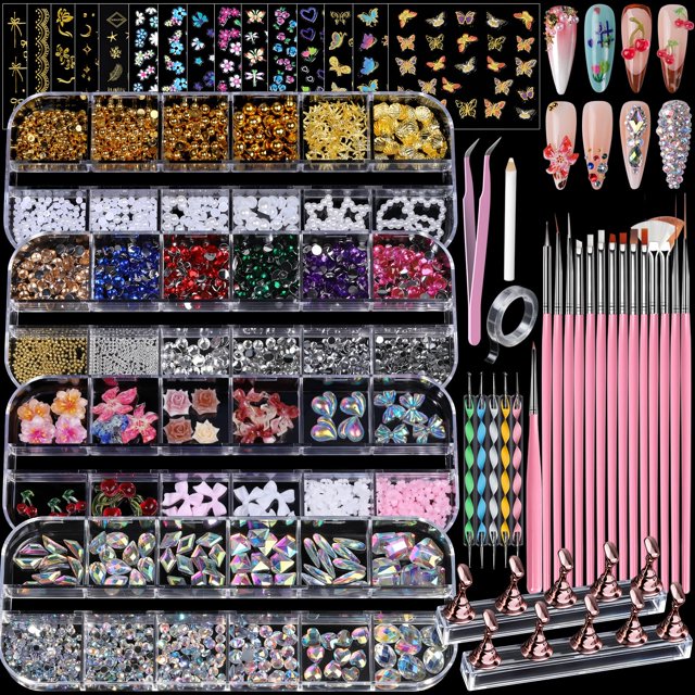 Set de dijes y gemas para uñas Teenitor con brochas y soporte para decoración de uñas